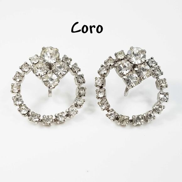 Vintage Coro Rhinestone Earrings Silver Tone Screw Back Wedding Bridal 1950s - Picture 1 of 10